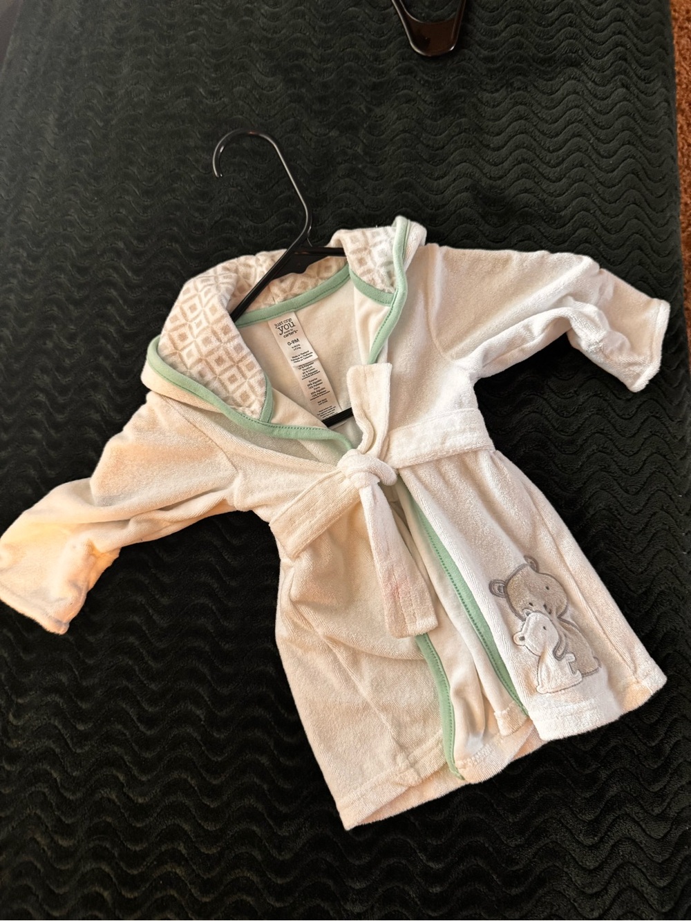 Baby/Toddler Plush Hooded Robe with Mint Trim and Bear Applique